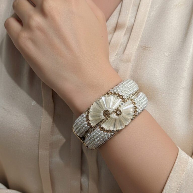Brass metal Bangles Cream white colour stone and pearl