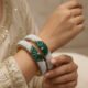 Brass metal Bangles Dark green colour stone and pearl