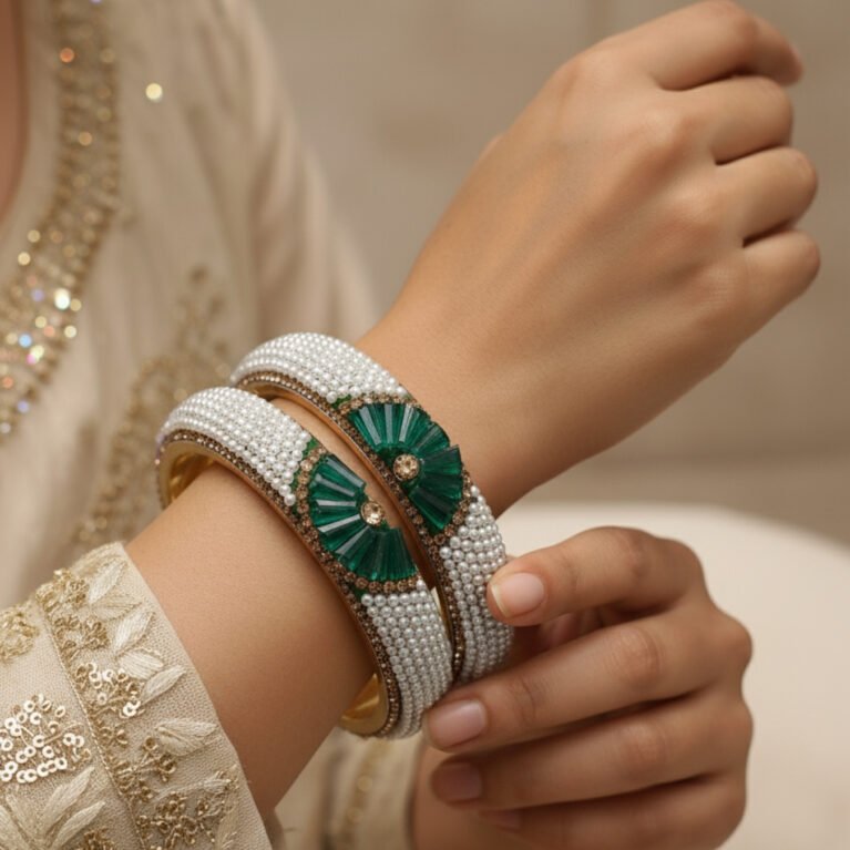Brass metal Bangles morpankhi peacock colour stone and pearl