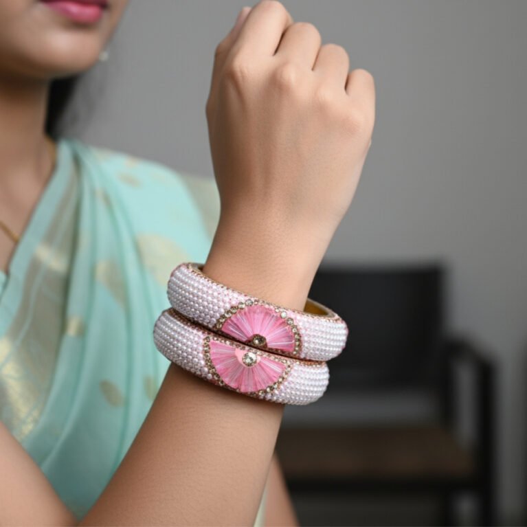 Brass metal Bangles Gazri pink colour stone and pearl
