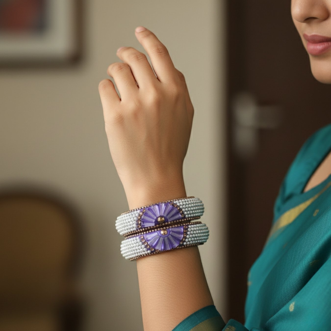 Brass metal Bangles purple colours stone and pearl work
