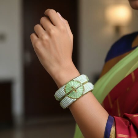 Brass metal Bangles mint pista green colour stone and pearl