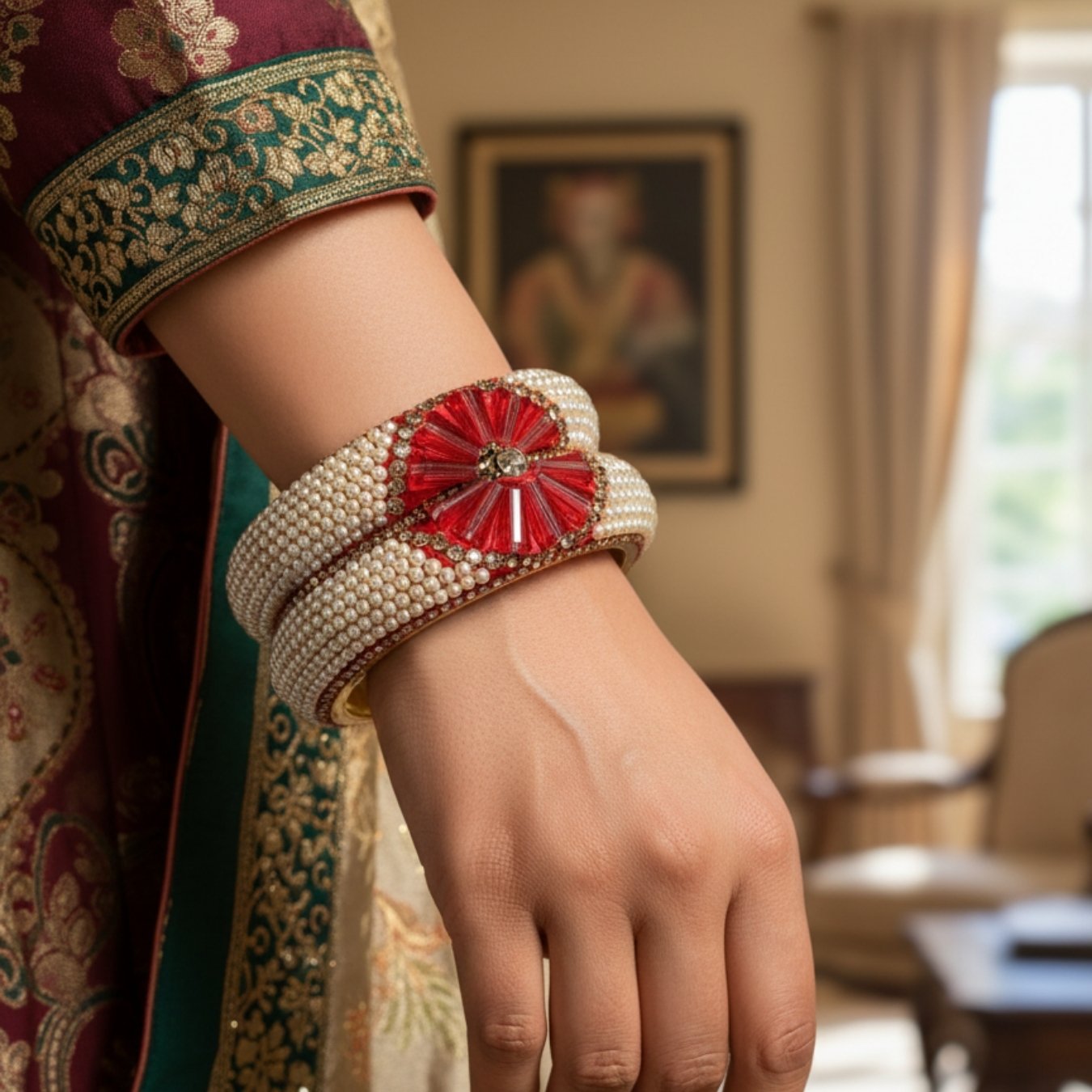 Brass metal Bangles Red tomato colour stone and pearl