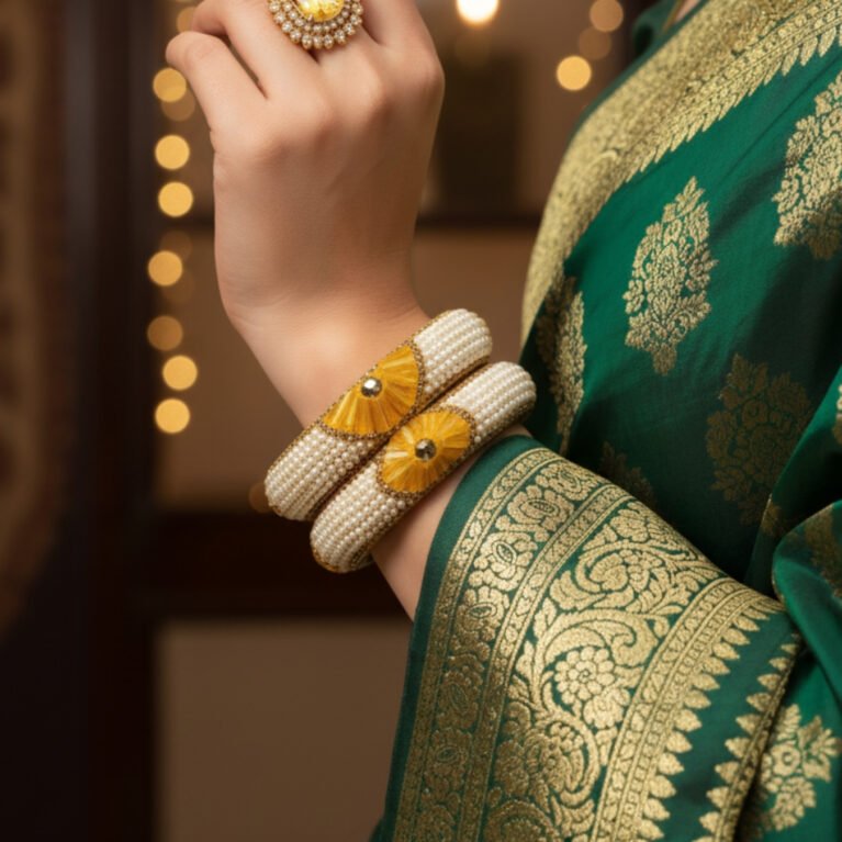 Brass metal Bangles Haldi colour stone and pearl