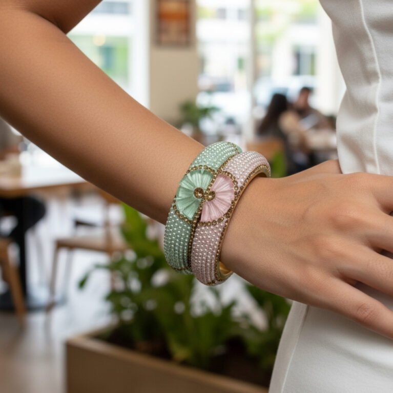 Brass metal Bangles mint pista and pink colour combination stone and pearl