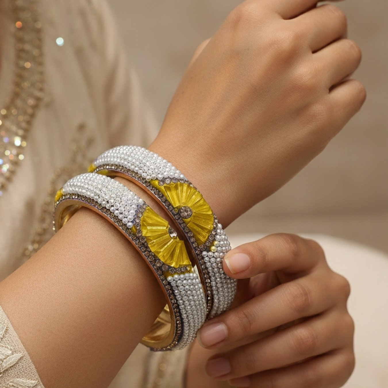 Brass metal Bangles Yellow colour stone and pearl