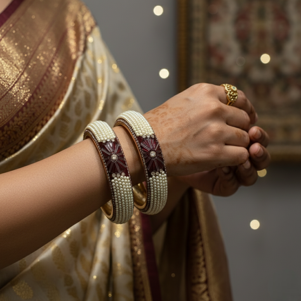Brass metal Bangles Wine colour stone and pearl