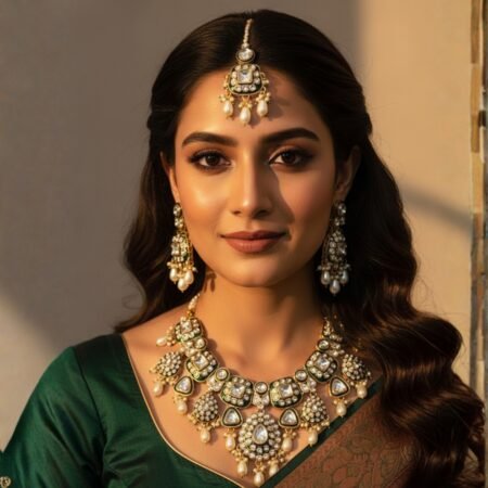 Kundan necklace jewellery  Mozo night stone  White golden stone and white pearl work