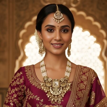 Kundan necklace  White pearl  Golden White colour  Meena work Earrings and Tikka