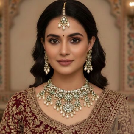 Kundan necklace jewellery  Mozo night stone  White golden stone and white pearls work