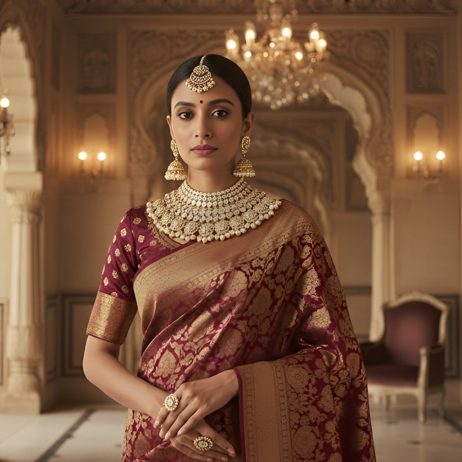 Kundan necklace White pearl Golden White colour Earrings and Tikka