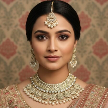 Kundan necklace  White pearl  Golden White colour  Earrings with jhumka style and Tikka