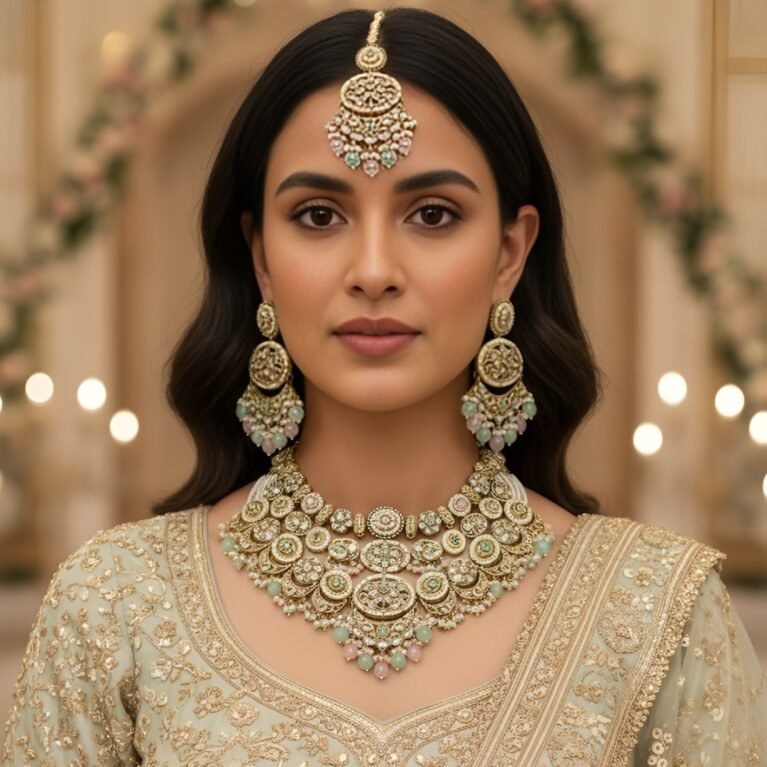 Kundan necklace White pearl Golden mint green & pink colour Earrings and Tikka