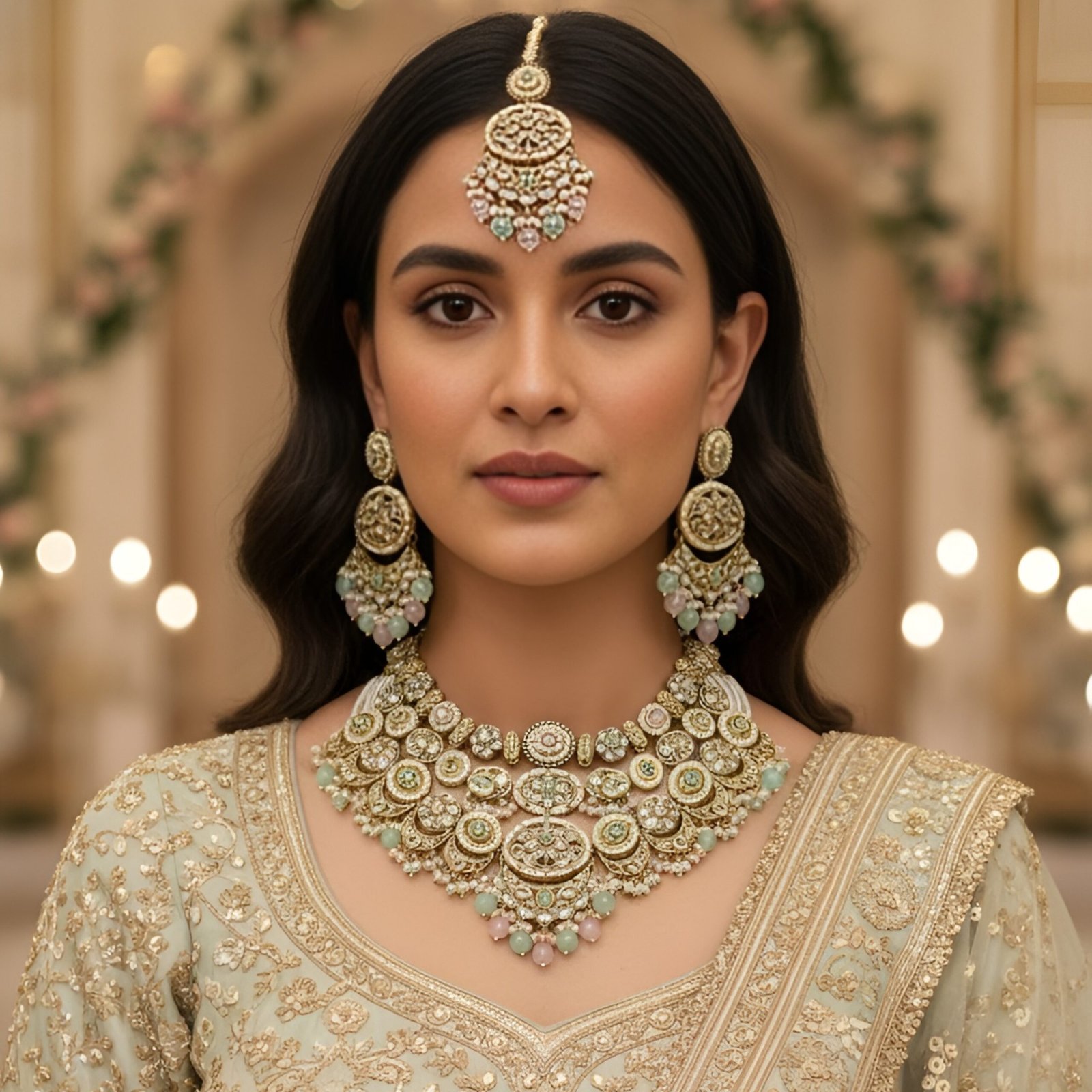 Kundan necklace White pearl Golden mint green & pink colour Earrings and Tikka