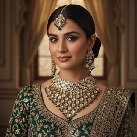 Kundan necklace  Green pearl  Golden green colour  Earrings and Tikka