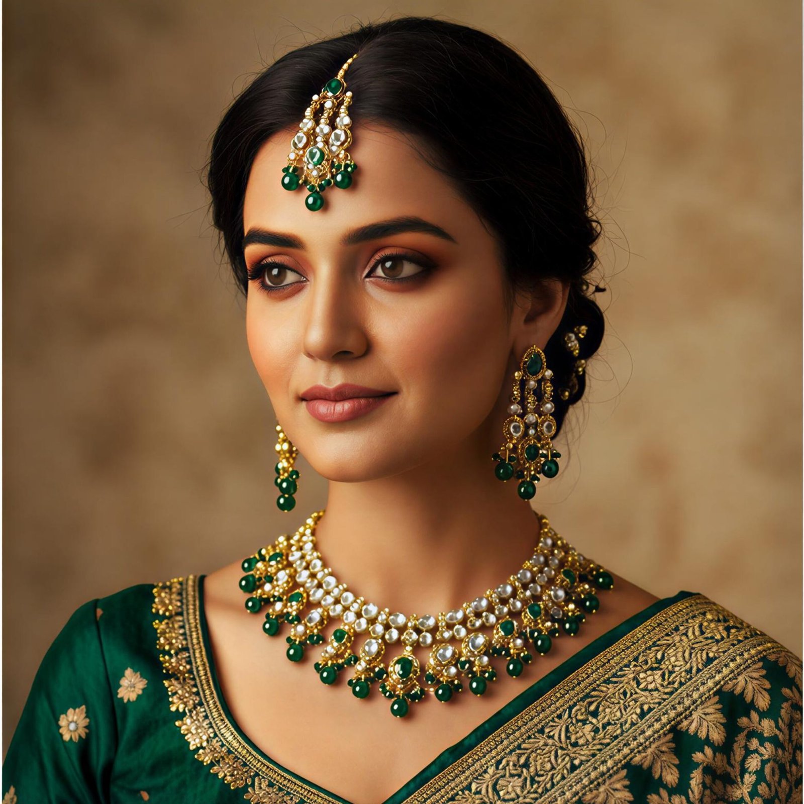 Kundan necklace Green pearl Golden green colour Earrings and Tikka