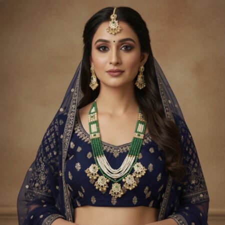 Temple long necklace set in mint green shades White and mint green pearl work with 2 Earrings one Tikka ✨️ length 27 inch ✨️