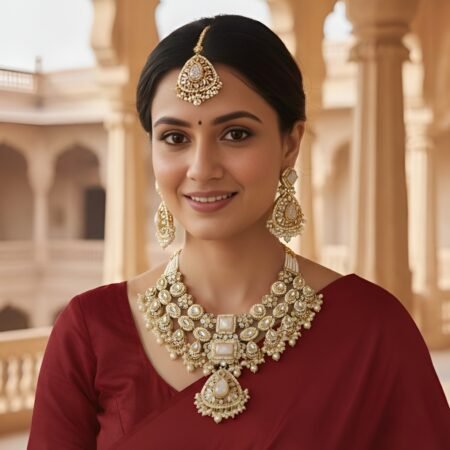 Kundan necklace  White pearl  Golden White colour  Earrings and Tikka