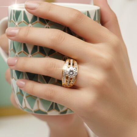 American Diamond Gold Polish Adjustable Finger Ring