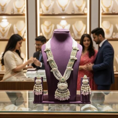 Temple Elegant Jewellery Long Necklace Set with Pearl & Meena Kari Work