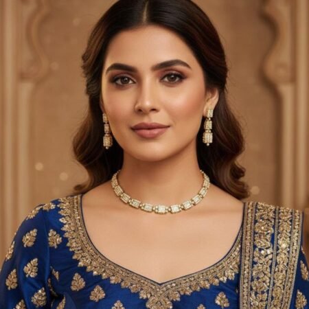 American Diamond Antique Gold Polish AD Necklace Jewellery Set