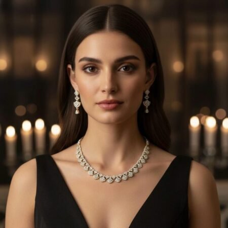 American Diamond Antique Gold Polish AD Necklace Jewellery Set