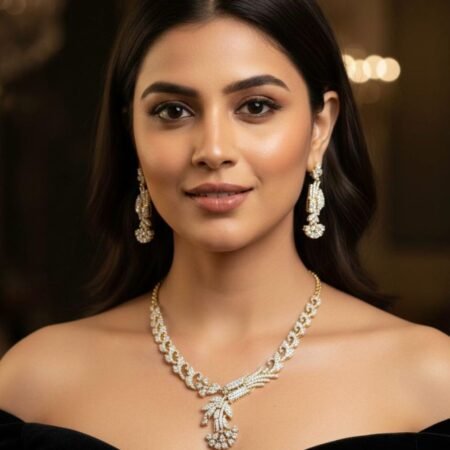 American Diamond Antique Gold Polish AD Necklace Jewellery Set