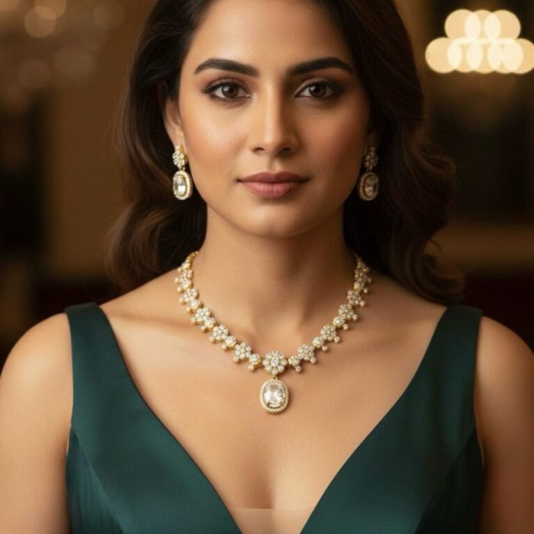 American Diamond Antique Gold Polish AD Necklace Jewellery Set