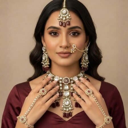 Royal Kundan Bridal Jewellery Set – Mehroon (Customizable in Green & White-Golden)