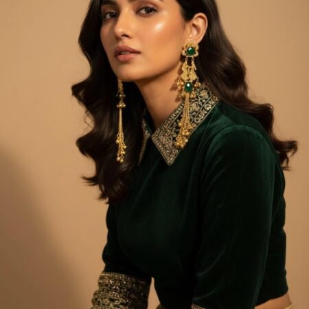 Kashmira Long Earrings – Green Stone Work with Gungrroo