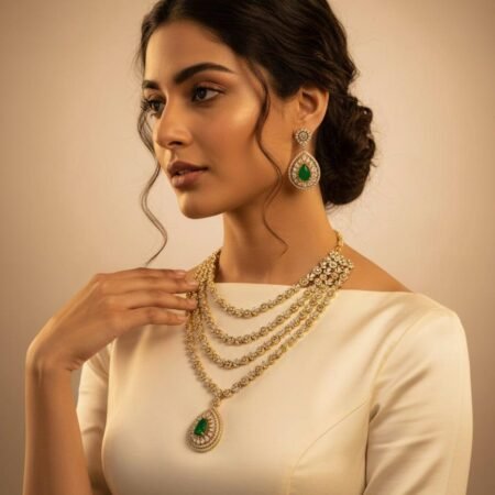 American Diamond 3-Layer Necklace Set – Green Stone Work, Antique Polish