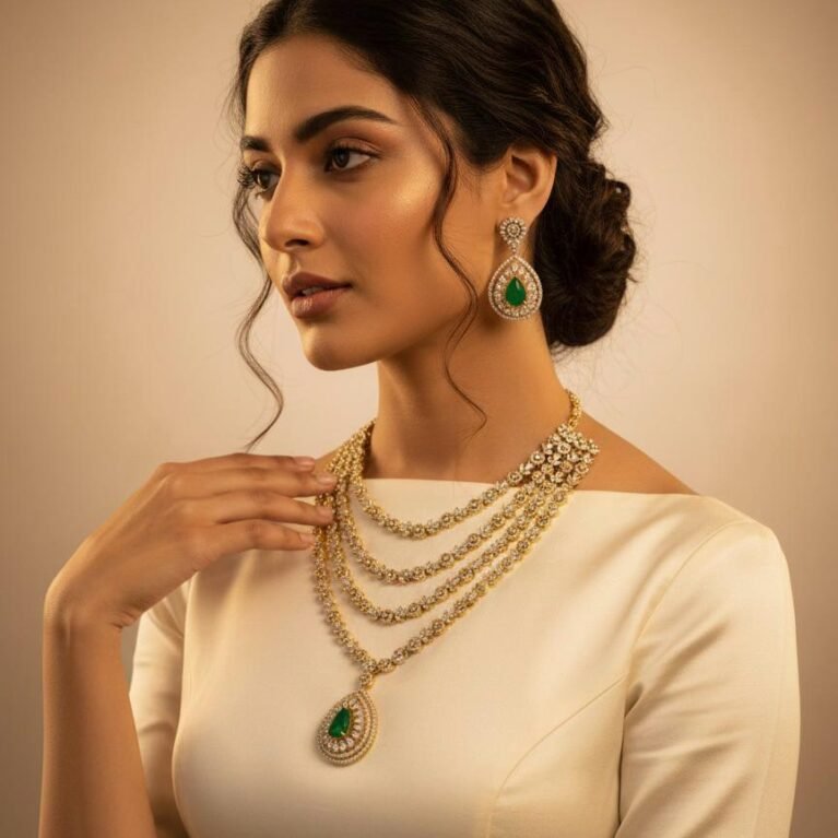 American Diamond 3-Layer Necklace Set – Green Stone Work, Antique Polish