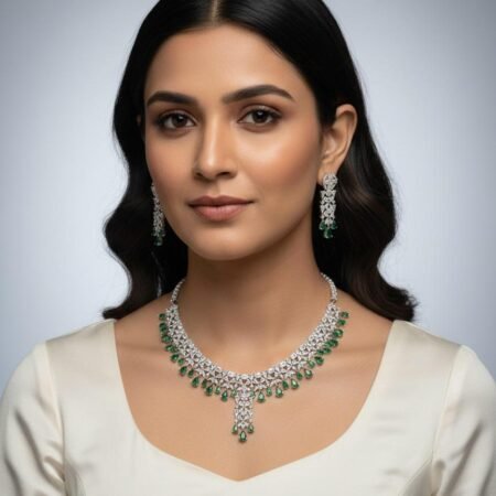 American Diamond Necklace – Silver Plated, Green Color Combination