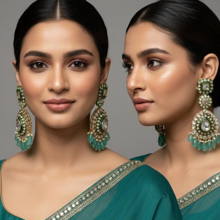 Long Earrings with Stone & Pearl Work – Radium Blue