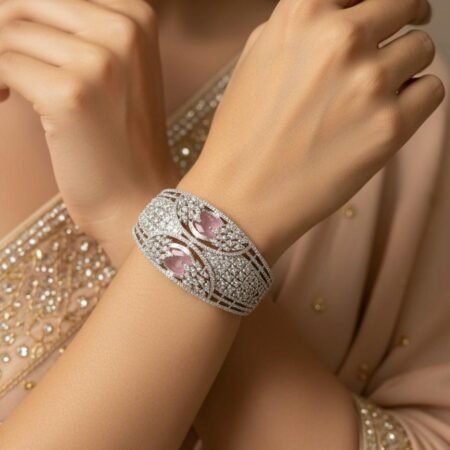 American Diamond Pink Stone Adjustable Silver-Plated Bracelet