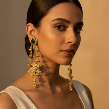 Kashmira Long Earrings with Gold Polish – Red & Green Stone Combination