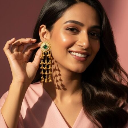Kashmira Long Earrings with Gold Polish – Green Colour