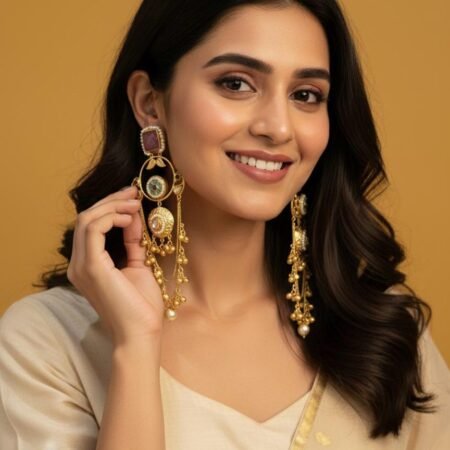 Kashmira Long Earrings with Gold Polish – Maroon & Green Combination