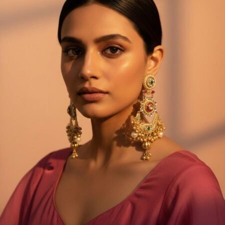 Kashmira Long Earrings with Gold Polish – Red & Green Meenakari Work