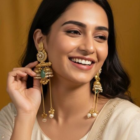 Kashmira Long Earrings with Gold Polish – Mint Green Colour