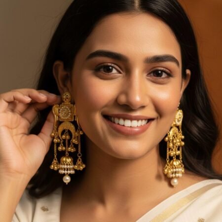 Temple Long Earrings with Jhumka Style – Golden Colour