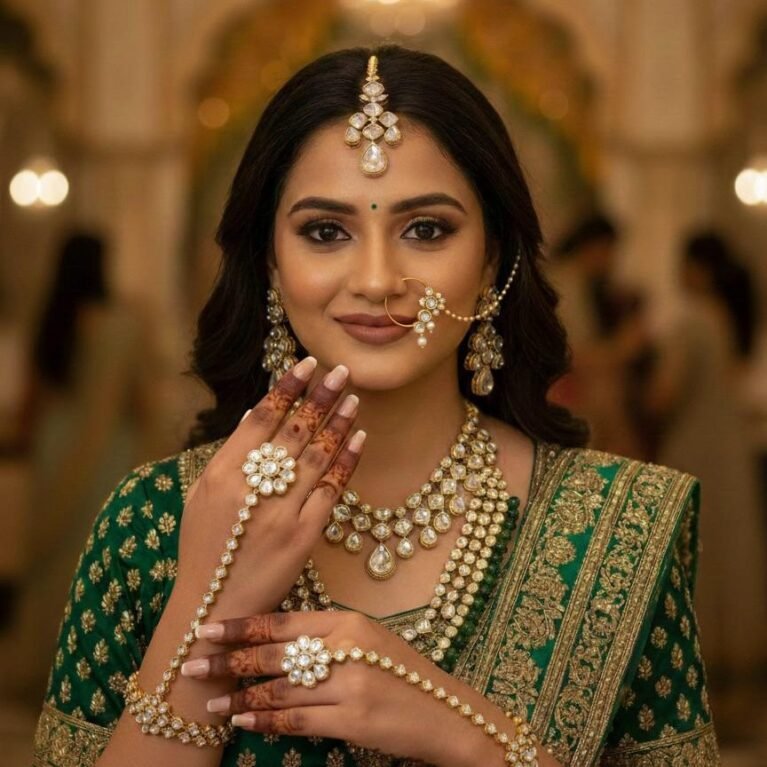 Royal Kundan Bridal Jewellery Set – Green (Customizable in Red & White-Golden)