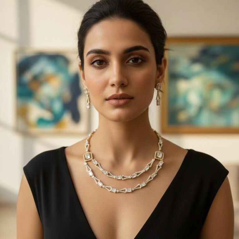 American Diamond Antique Gold Polish AD Necklace Jewellery Set