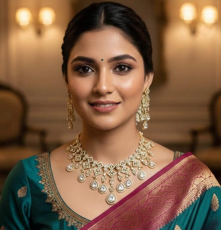 American Diamond Antique Gold Polish AD Necklace Jewellery Set