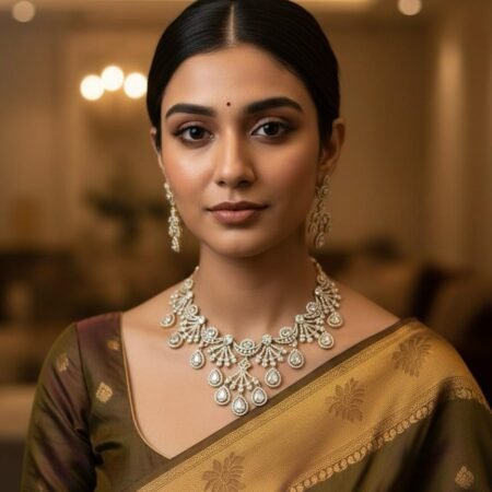 American Diamond Antique Gold Polish AD Necklace Jewellery Set