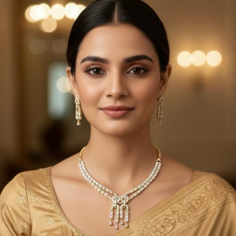 American Diamond Antique Gold Polish AD Necklace Jewellery Set