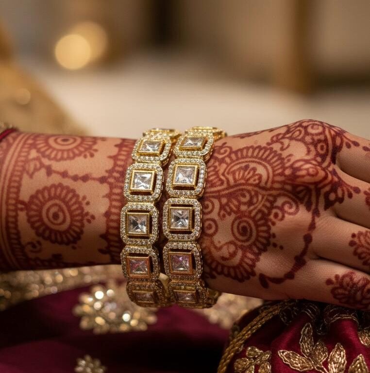 American Diamond Gold Plated Ruby Green Bangles Pair – Designer AD Stone