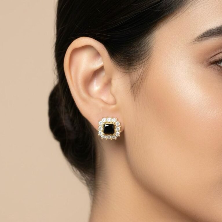Black American Diamond Gold Plated Stud Earrings – Elegant AD Tops