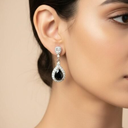 Black Hanging American Diamond Silver Plated Earrings – Designer AD Tops