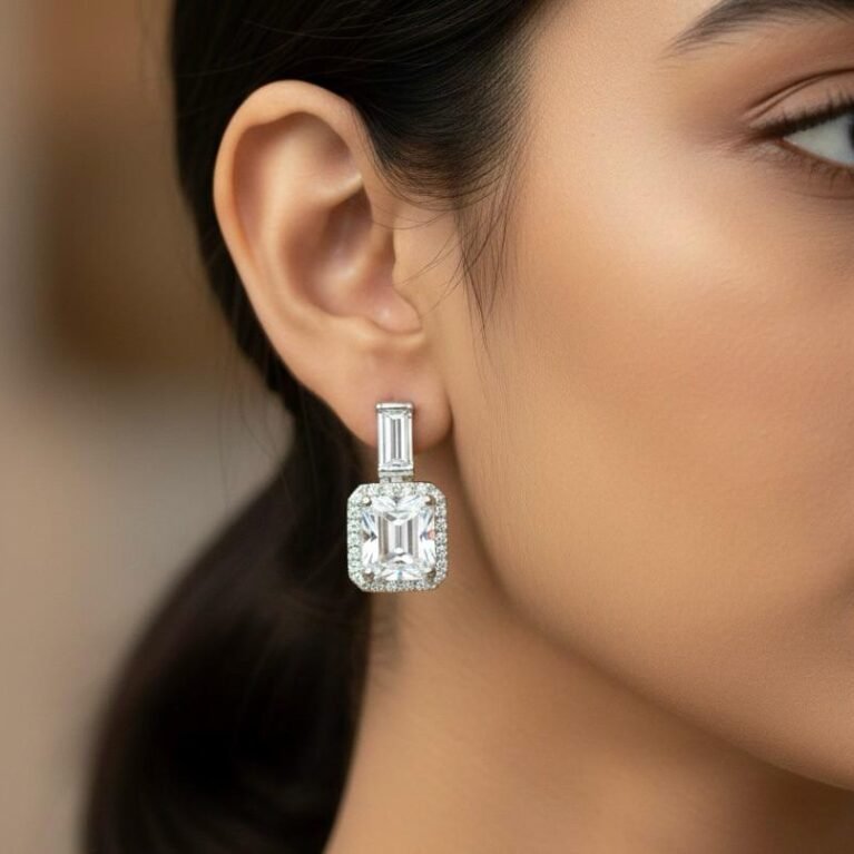 American diamond stone Earrings  Silver colour Tops  Silver plated  Mrp 599 rs